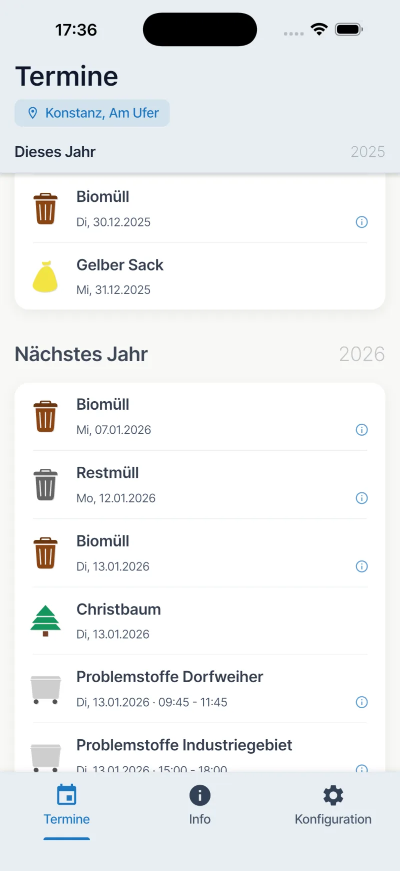Müllmann App – Abfuhrtermine für Konstanz mit farbcodierten Abfallarten